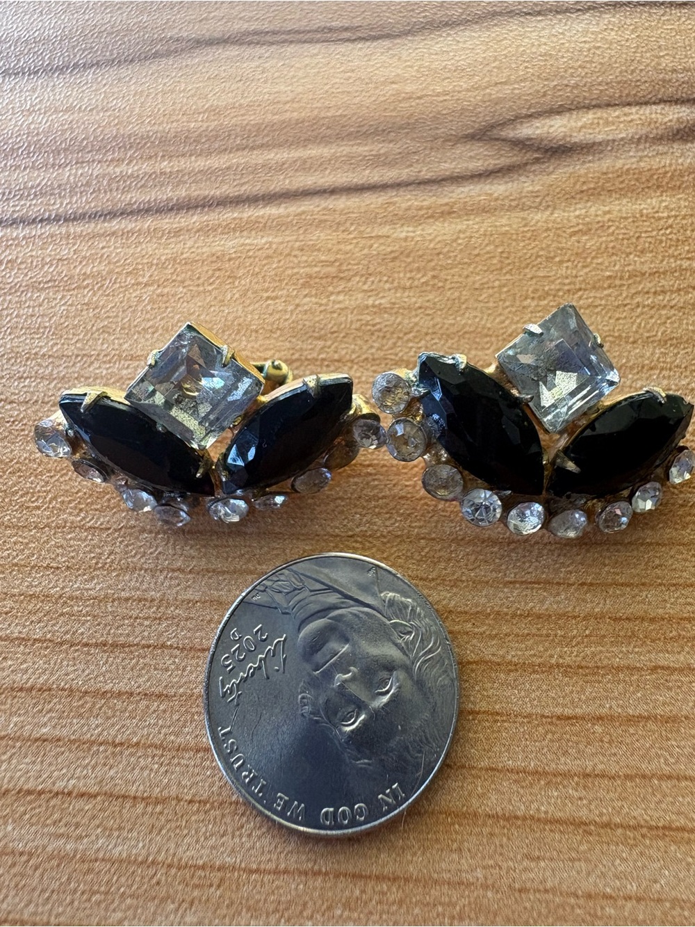 Vintage Gold-Tone Black and Clear Crystal Clip-On Earrings